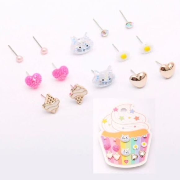 Blessings From Cambria Jewelry - 🏷️ Stud Earring Set Cats Hearts Daisies Ice Cream Faux Pearl Rhinestone 7 Pair